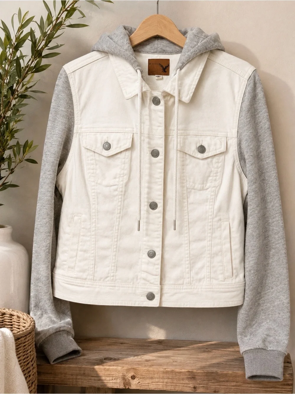 American eagle cream denim with gray sweatshirt sleeves/ hoodie size large